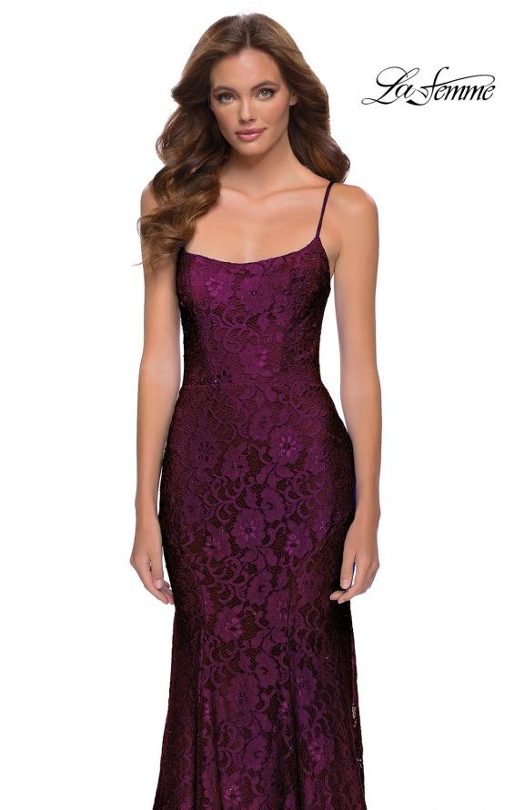 Picture of: Stretch Lace Gown with Lace Up Strappy Back in Dark Berry, Style 29611, Detail Picture 6