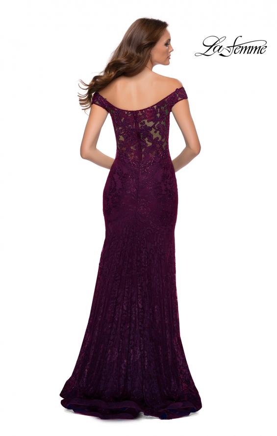 Picture of: Lace Off the Shoulder Gown with Deep V Neckline in Dark Berry, Style 29693, Detail Picture 6