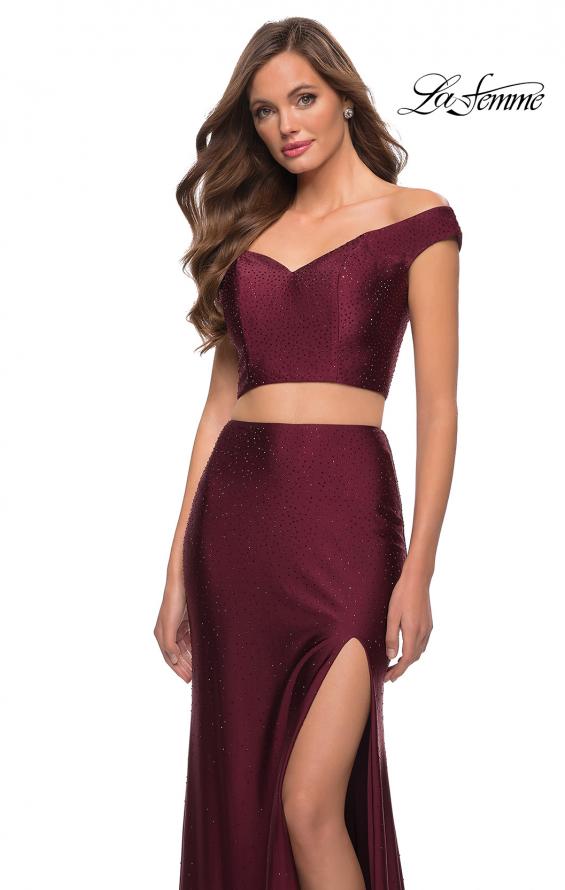 Picture of: Rhinestone Off the Shoulder Jersey Two Piece Prom Dress in Dark Berry, Style 29951, Detail Picture 6