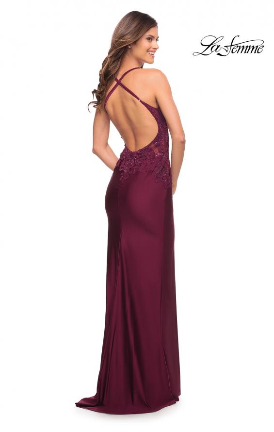 Picture of: Jeweled Lace and Jersey Long Prom Dress with Low Back in Dark Berry, Style: 30196, Detail Picture 6