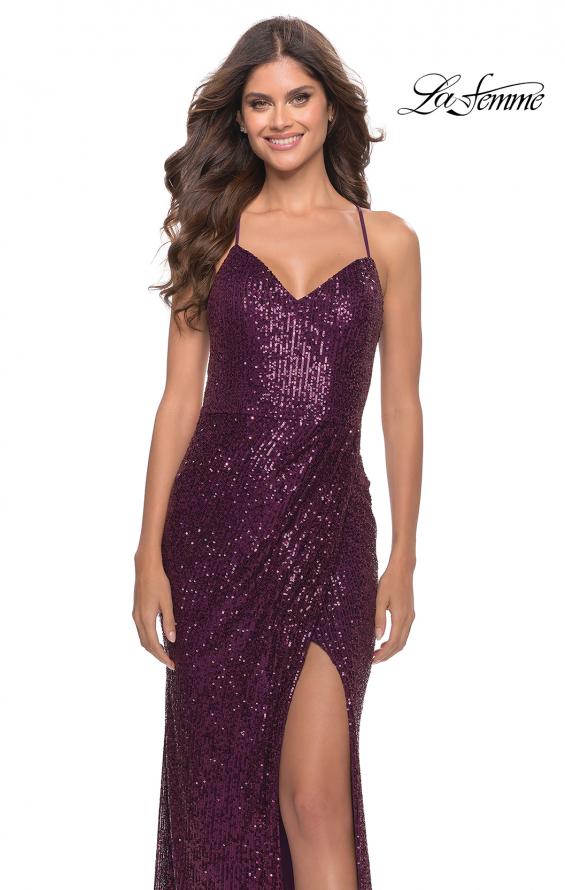 Picture of: Long Sequin Prom Dress with Open Lace Up Back in Dark Berry, Style: 30290, Detail Picture 6