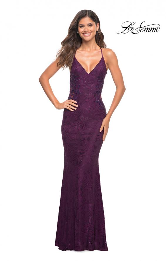 Picture of: Lace Prom Dress with Illusion Embellished Sides in Dark Berry, Detail Picture 6