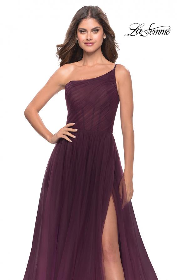 Picture of: One Shoulder A-Line Tulle Gown with Sheer Bodice in Dark Berry, Style: 31069, Detail Picture 6