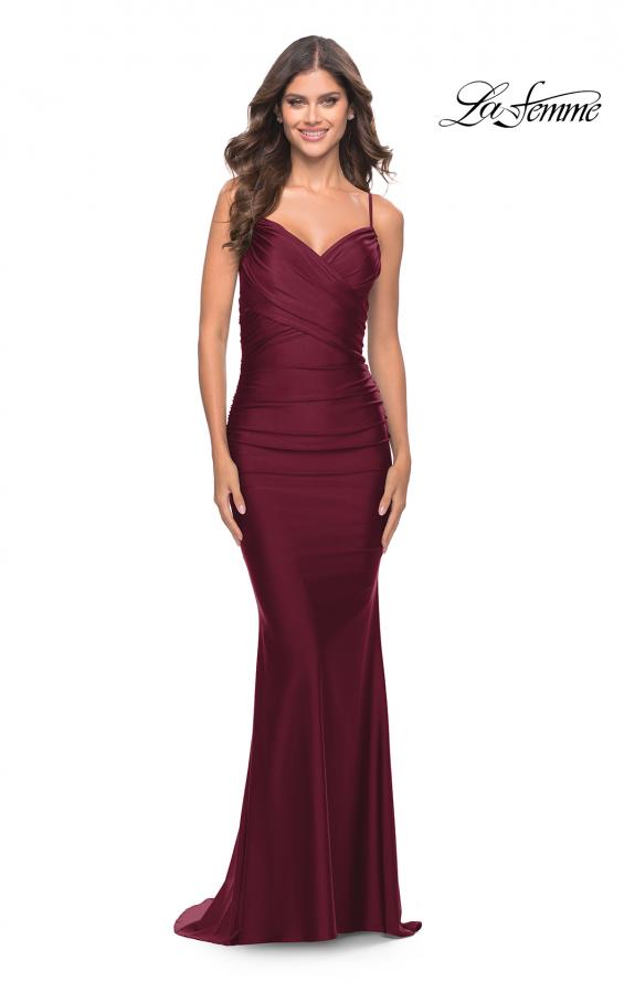 Picture of: Criss Cross Ruched Bodice Elegant Jersey Dress in Dark Berry, Style: 31122, Detail Picture 6