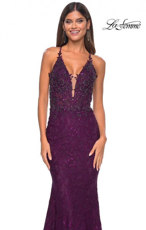 Picture of: Exquisite Mermaid Lace Gown with Beaded Sheer Bodice in Dark Berry, Style: 31265, Detail Picture 6