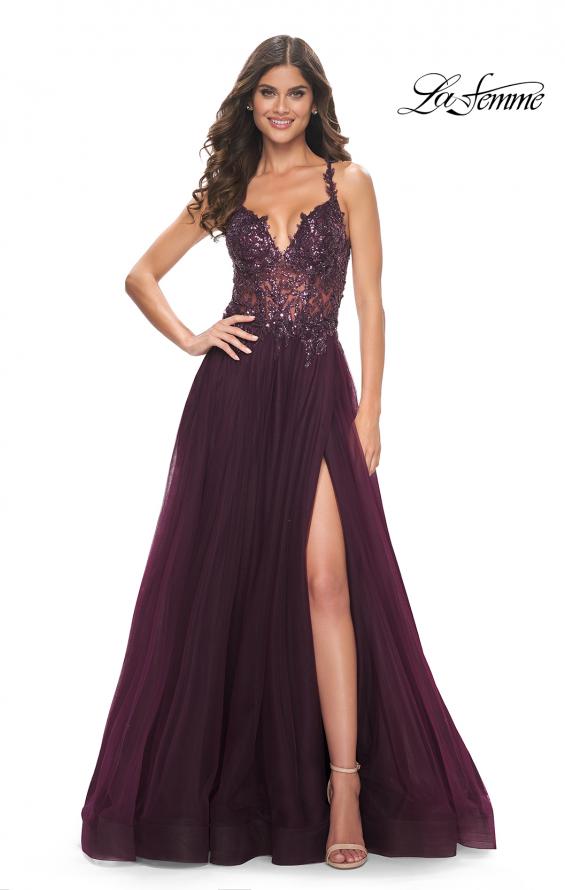 Picture of: Tulle A-Line Gown with Sheer and Beaded Lace Detail in Dark Berry, Style: 31471, Detail Picture 6