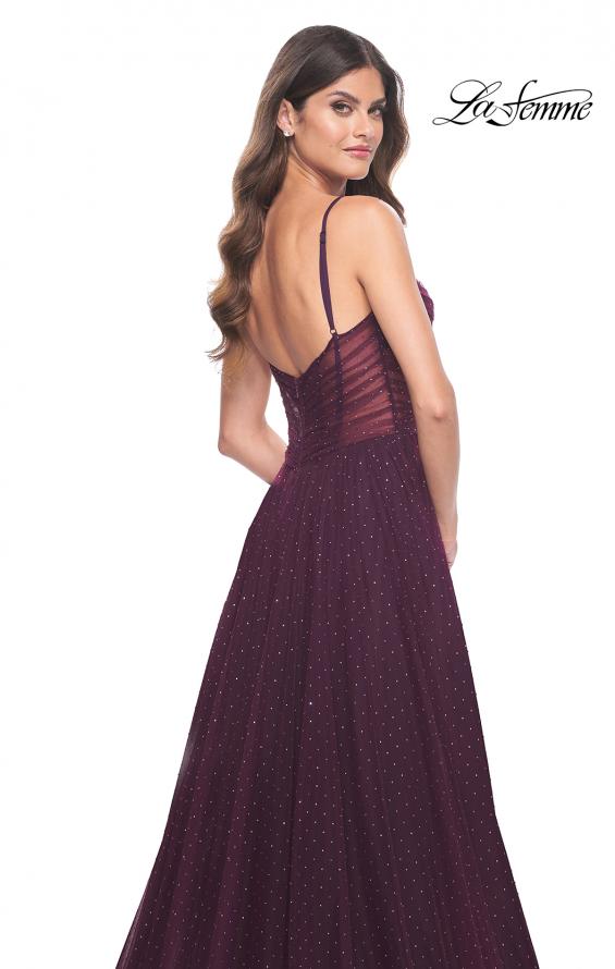 Picture of: A-Line Rhinestone Tulle Embellished Gown with Illusion Top in Dark Berry, Style: 31970, Detail Picture 6