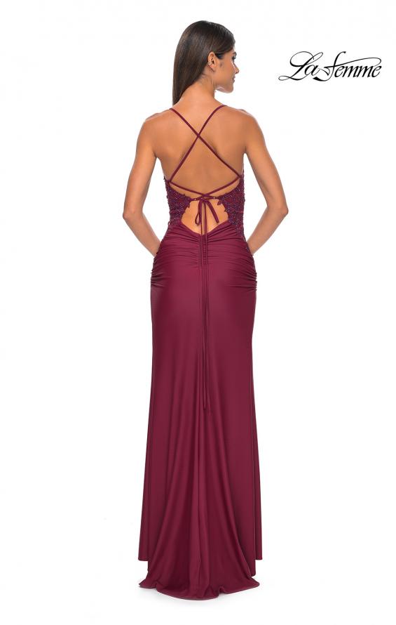 Picture of: Jersey Prom Dress with Illusion Sides and V Neckline in Dark Berry, Style: 32139, Detail Picture 6
