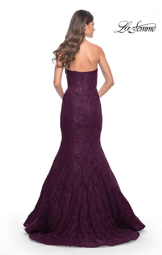 Picture of: Mermaid Stretch Lace Dress with Bustier Top and Sheer Back in Dark Berry, Style: 32249, Detail Picture 6