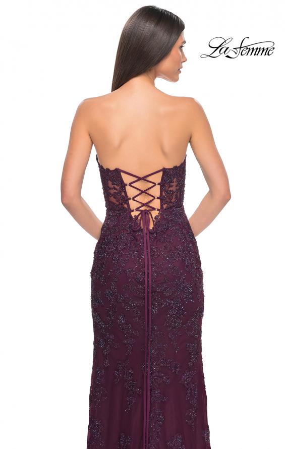 Picture of: Jewel Tone Embroidered Lace Fitted Prom Dress with Lace Edge Slit in Dark Berry, Style: 32437, Detail Picture 6