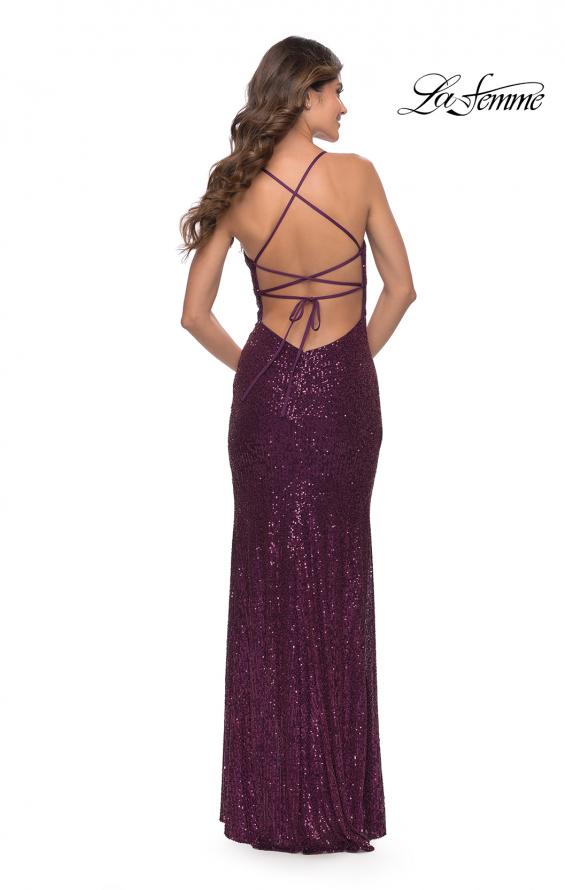 Picture of: Long Sequin Prom Dress with Open Lace Up Back in Dark Berry, Style: 30290, Detail Picture 7