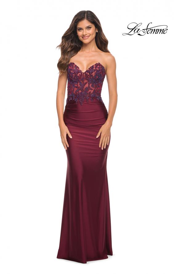 Picture of: Stunning Strapless Jeweled Lace and Jersey Dress in Dark Berry, Detail Picture 7