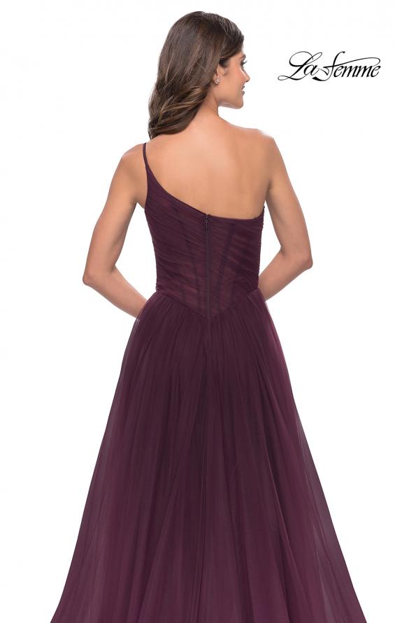 Picture of: One Shoulder A-Line Tulle Gown with Sheer Bodice in Dark Berry, Style: 31069, Detail Picture 7