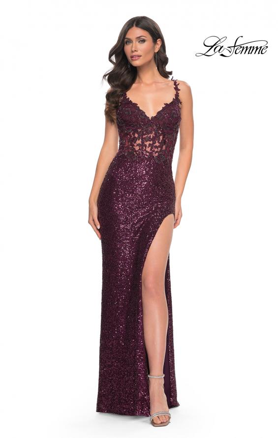 Picture of: Sequin Prom Dress with Lace Detail Illusion Bodice in Purple, Style: 31657, Detail Picture 7