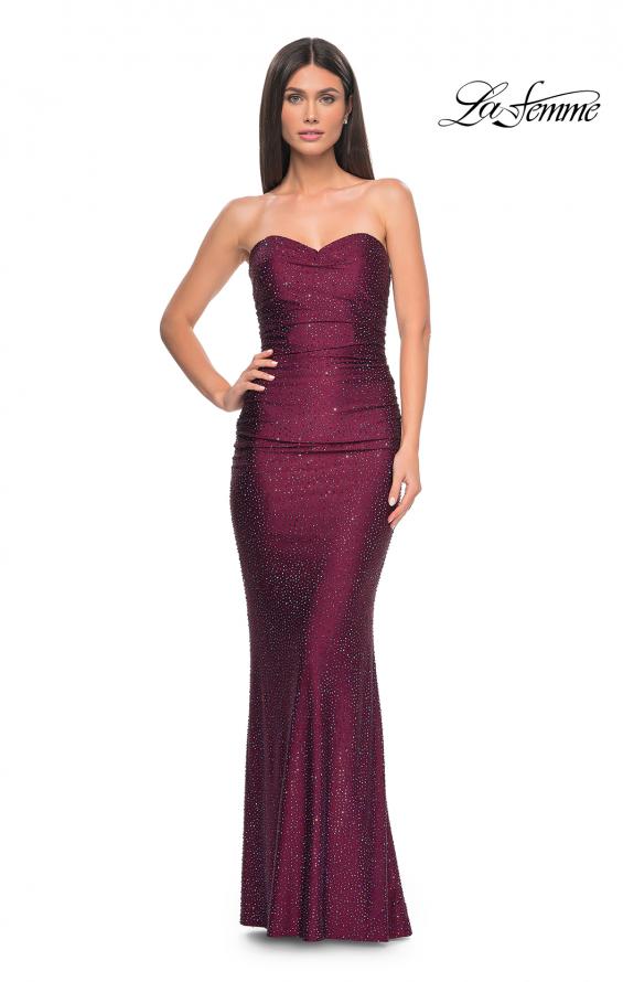 Picture of: Rhinestone Embellished Jersey Dress with Strapless Sweetheart Top in Dark Berry, Style: 31945, Detail Picture 7