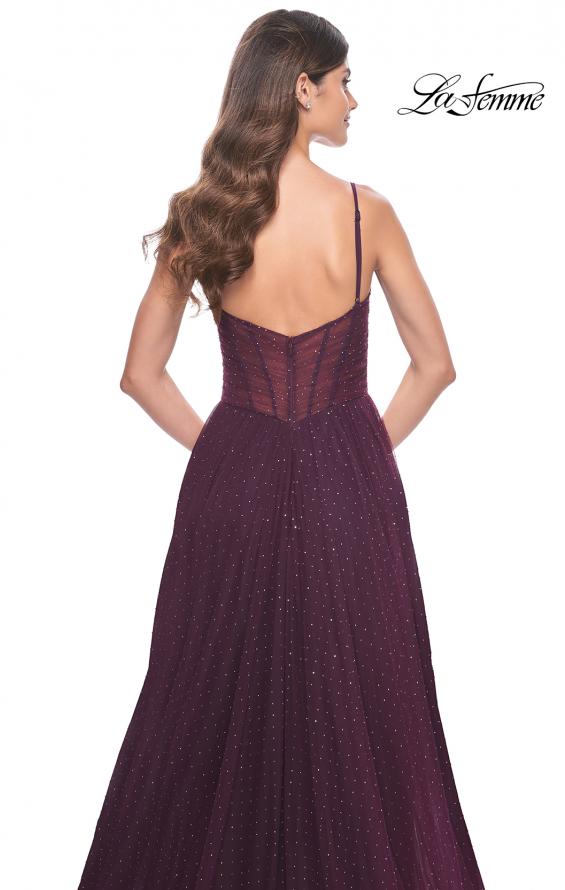 Picture of: A-Line Rhinestone Tulle Embellished Gown with Illusion Top in Dark Berry, Style: 31970, Detail Picture 7