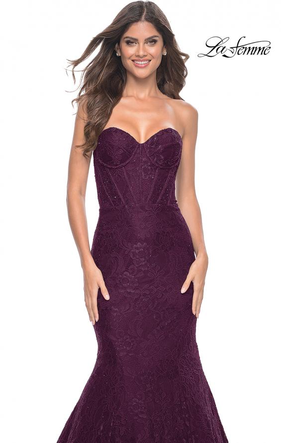 Picture of: Mermaid Stretch Lace Dress with Bustier Top and Sheer Back in Dark Berry, Style: 32249, Detail Picture 7