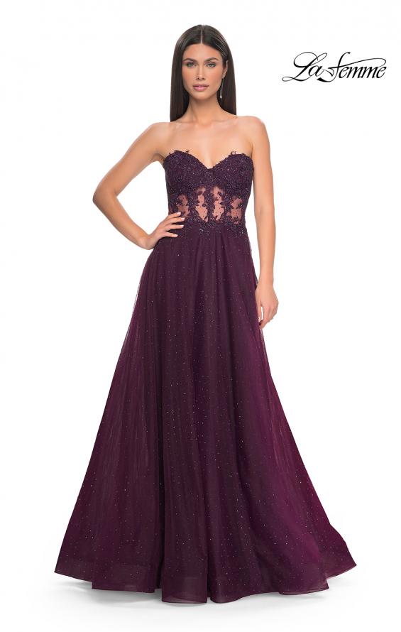 Picture of: A-Line Tulle Ballgown with Lace Illusion Bodice in Dark Berry, Style: 32313, Detail Picture 7