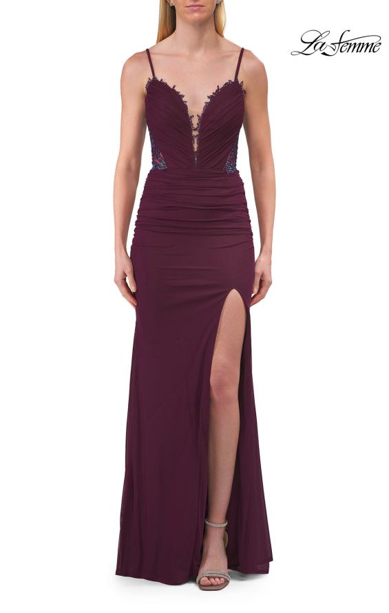 Picture of: Ruched Jersey Gown with Beaded Bodice and High Slit in Dark Berry, Style: 33665, Detail Picture 7