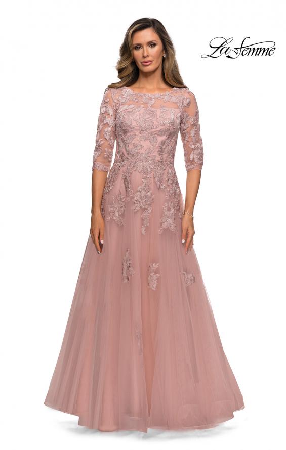 Picture of: Three Quarter Sleeve A-line Gown with Floral Embellishments in Dark Blush, Style: 27922, Detail Picture 1