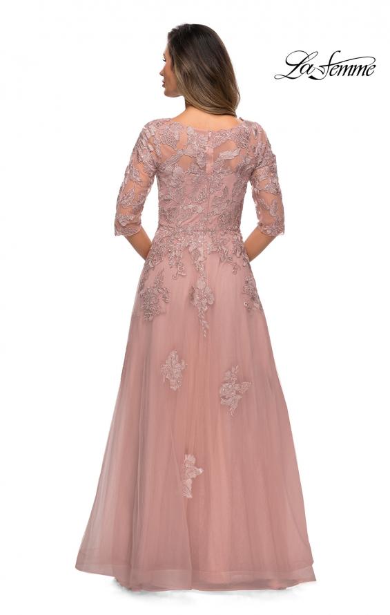 Picture of: Three Quarter Sleeve A-line Gown with Floral Embellishments in Dark Blush, Style: 27922, Detail Picture 2
