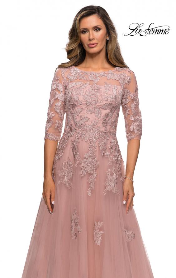 Picture of: Three Quarter Sleeve A-line Gown with Floral Embellishments in Dark Blush, Style: 27922, Detail Picture 5