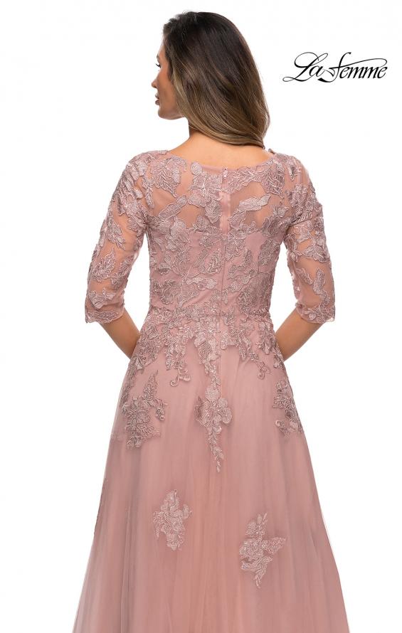 Picture of: Three Quarter Sleeve A-line Gown with Floral Embellishments in Dark Blush, Style: 27922, Detail Picture 6