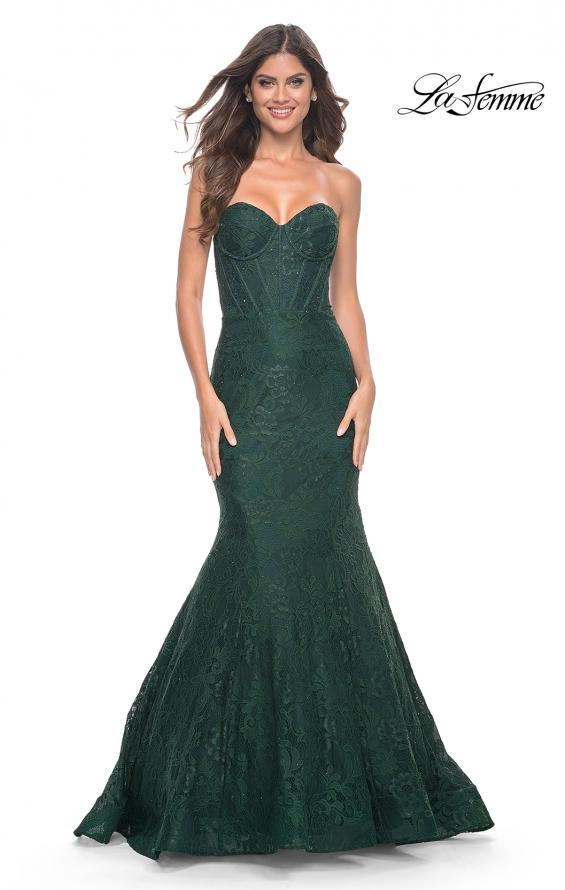 Picture of: Mermaid Stretch Lace Dress with Bustier Top and Sheer Back in Dark Emerald, Style: 32249, Detail Picture 9