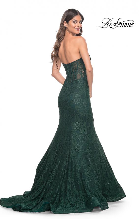 Picture of: Mermaid Stretch Lace Dress with Bustier Top and Sheer Back in Dark Emerald, Style: 32249, Detail Picture 10
