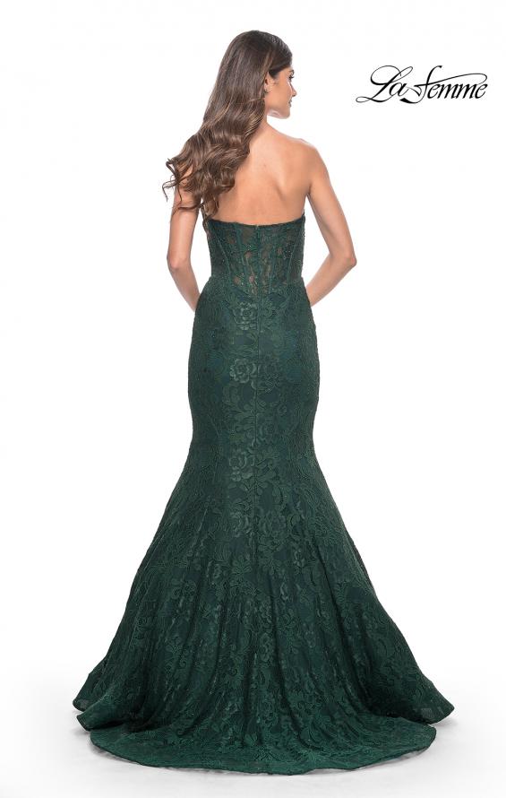 Picture of: Mermaid Stretch Lace Dress with Bustier Top and Sheer Back in Dark Emerald, Style: 32249, Detail Picture 11