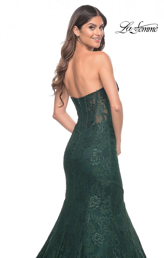 Picture of: Mermaid Stretch Lace Dress with Bustier Top and Sheer Back in Dark Emerald, Style: 32249, Detail Picture 13