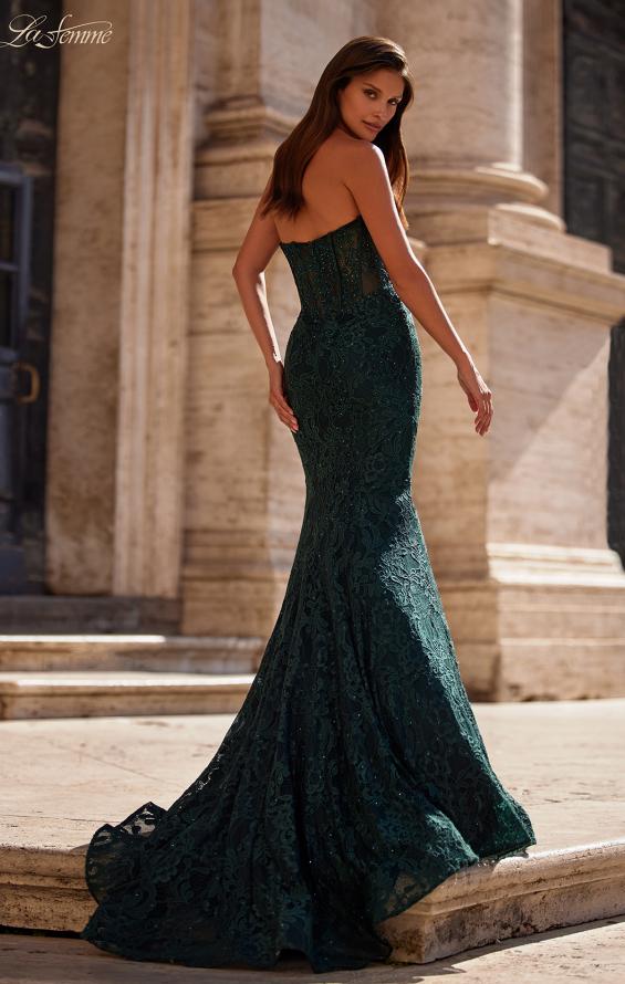 Picture of: Mermaid Stretch Lace Dress with Bustier Top and Sheer Back in Dark Emerald, Style: 32249, Back Picture