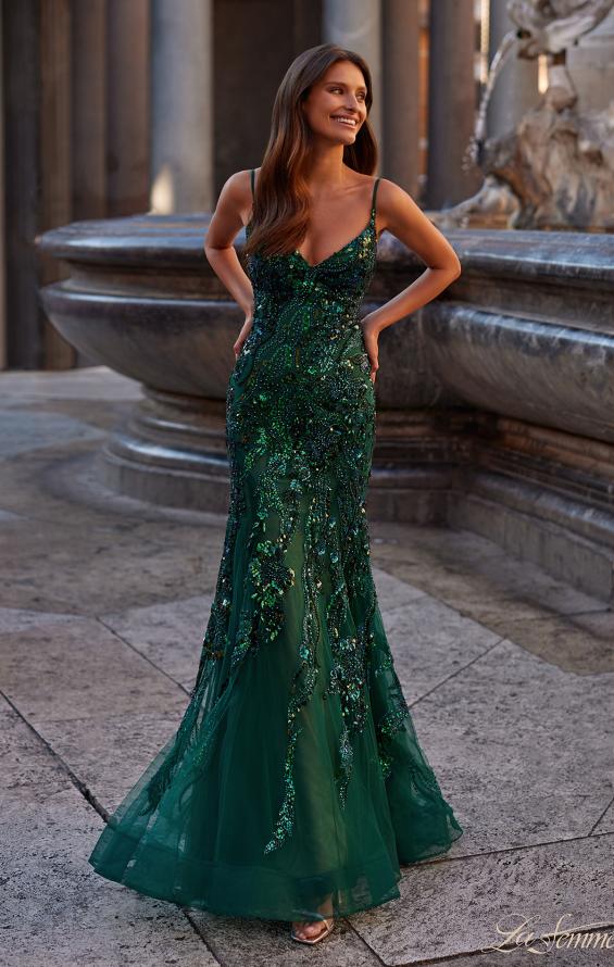 Picture of: Mermaid Sequin and Beaded Embellished Prom Dress in Dark Emerald, Style: 32049, Detail Picture 1