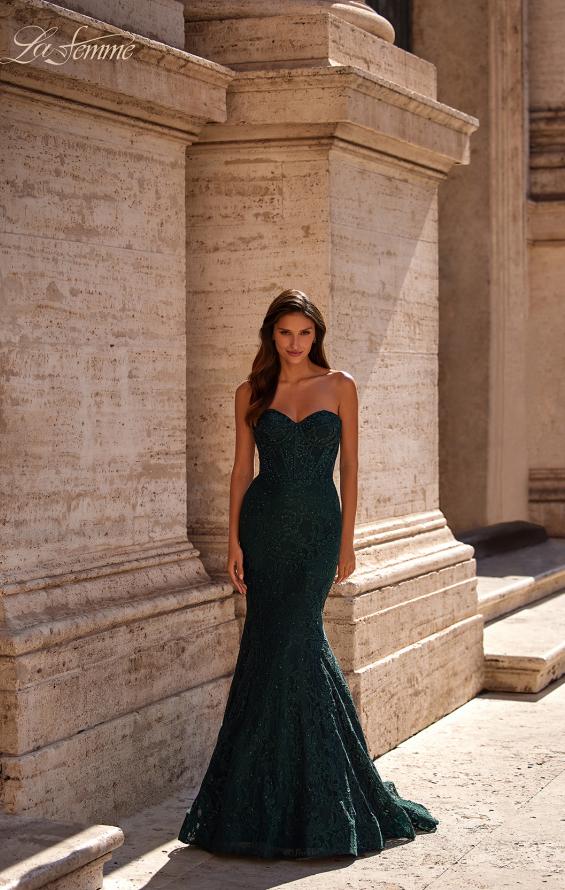 Picture of: Mermaid Stretch Lace Dress with Bustier Top and Sheer Back in Dark Emerald, Style: 32249, Detail Picture 2