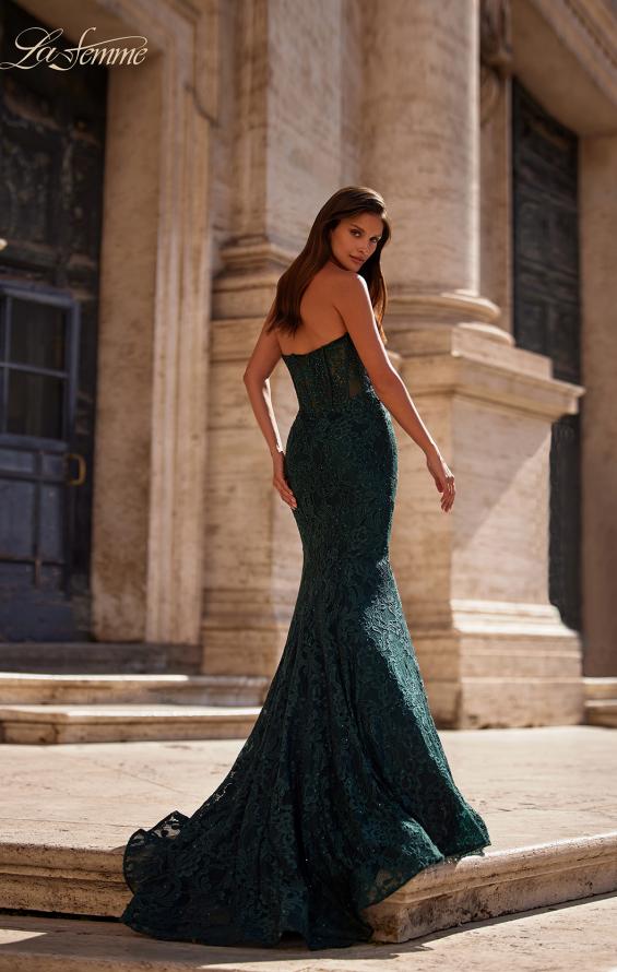 Picture of: Mermaid Stretch Lace Dress with Bustier Top and Sheer Back in Dark Emerald, Style: 32249, Detail Picture 3