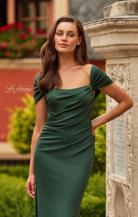 Green Picture of: Off-the-Shoulder Ruched Jersey Gown in Dark Emerald, Style: 33584, Detail Picture 3
