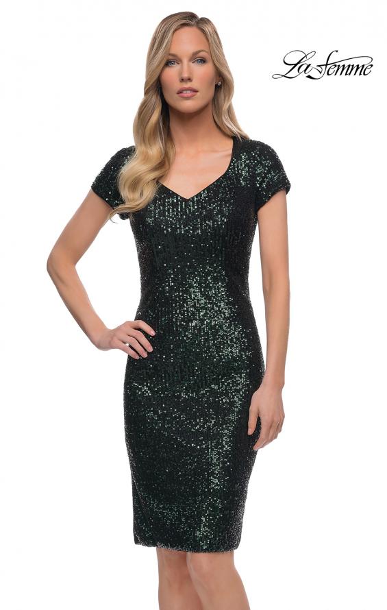 Picture of: Knee Length Sequin Dress with Short Sleeves in Dark Emerald, Main Picture