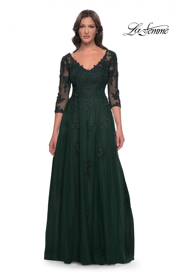 Picture of: Tulle and Lace A-Line Dress with V Neckline in Dark Emerald, Style: 30398, Main Picture