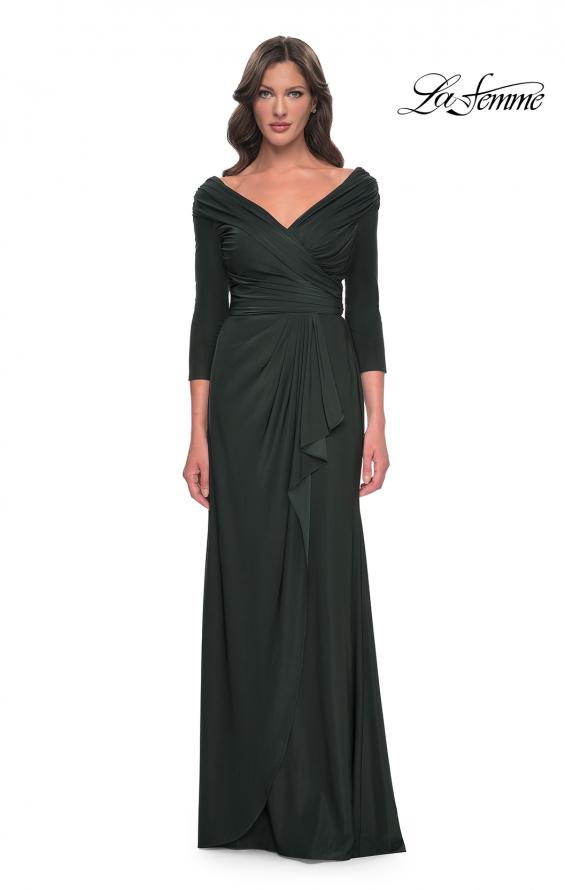 Picture of: Ruched Long Dress with Ruffle Skirt Detail and Sleeves in Dark Emerald, Style: 30845, Main Picture