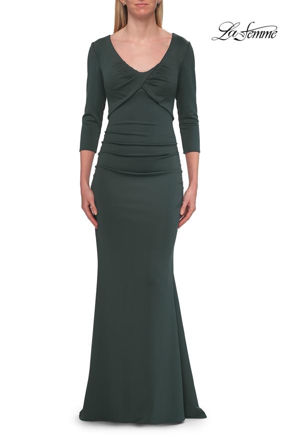 Picture of: Three-Quarter Sleeve Jersey Gown with Ruched Bodice in Dark Emerald, Style: 33540, Detail Picture 8