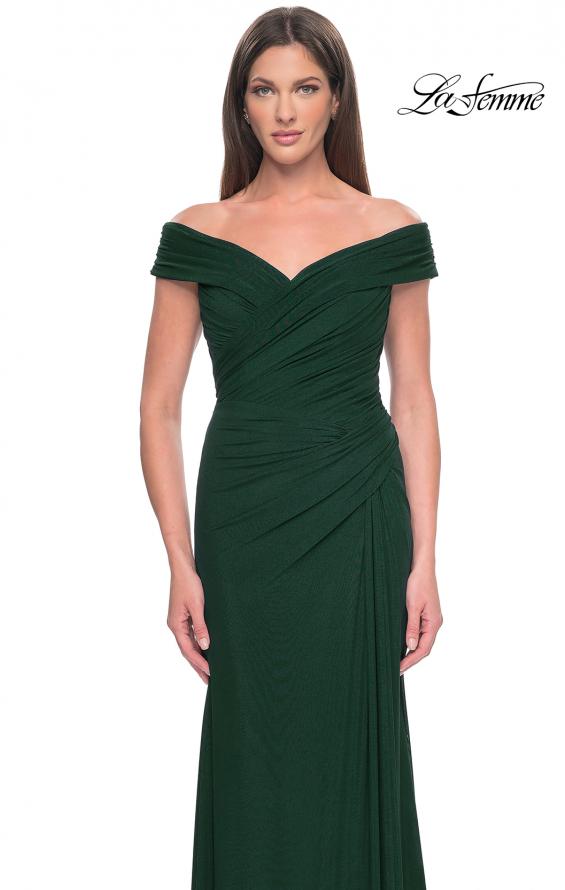Picture of: Off the Shoulder Jersey Evening Gown with Ruching in Dark Emerald, Style: 31677, Detail Picture 9