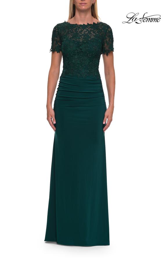 Green Picture of: Short Sleeve Lace Bodice Evening Gown in Dark Emerald, Style: 33331, Detail Picture 11