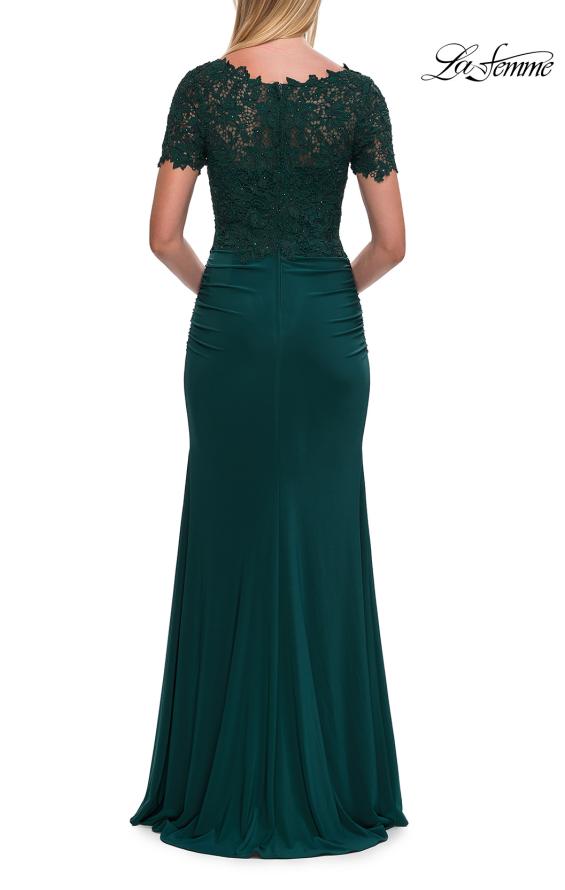 Green Picture of: Short Sleeve Lace Bodice Evening Gown in Dark Emerald, Style: 33331, Detail Picture 12