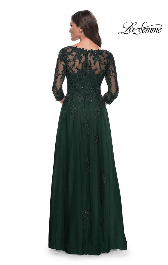 Picture of: Tulle and Lace A-Line Dress with V Neckline in Dark Emerald, Style: 30398, Back Picture