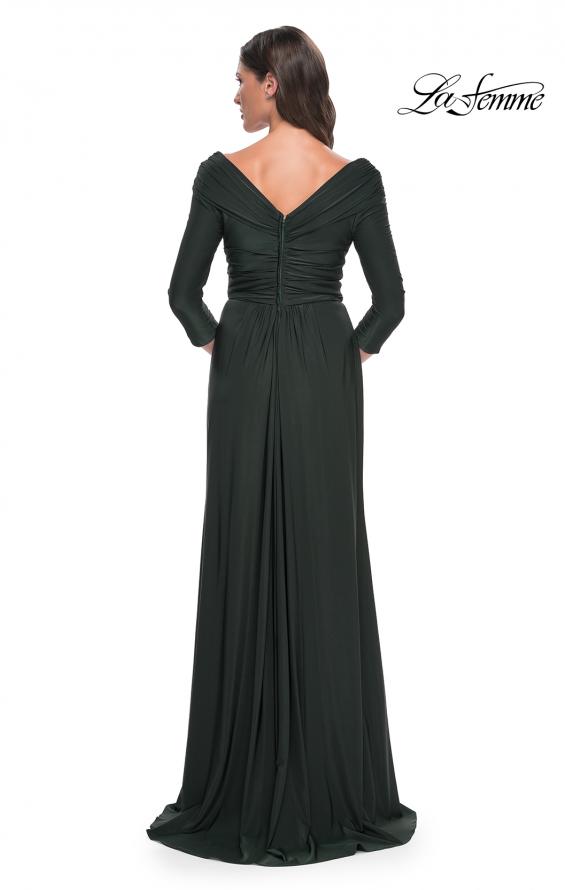 Picture of: Ruched Long Dress with Ruffle Skirt Detail and Sleeves in Dark Emerald, Style: 30845, Back Picture