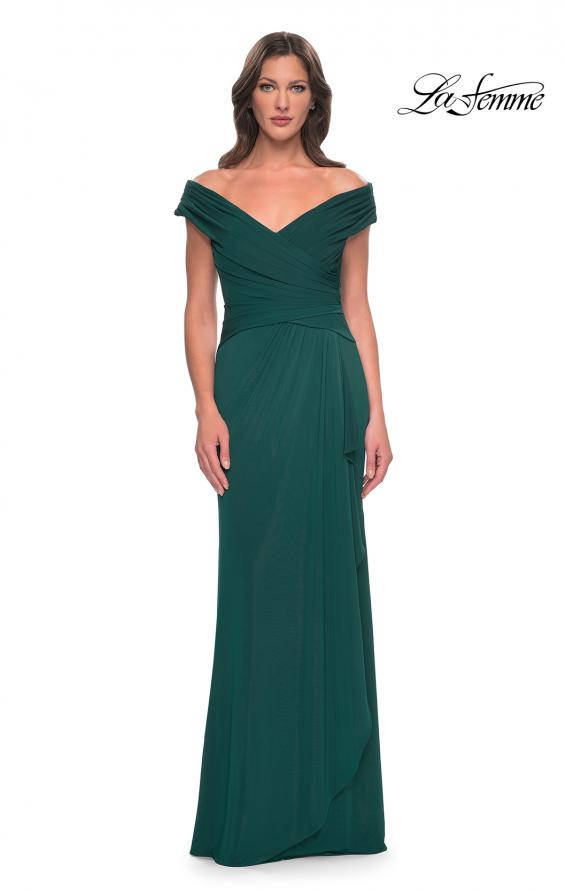 Picture of: Long Luxurious Jersey Off the Shoulder Evening Gown in Dark Emerald, Style: 30040, Detail Picture 1