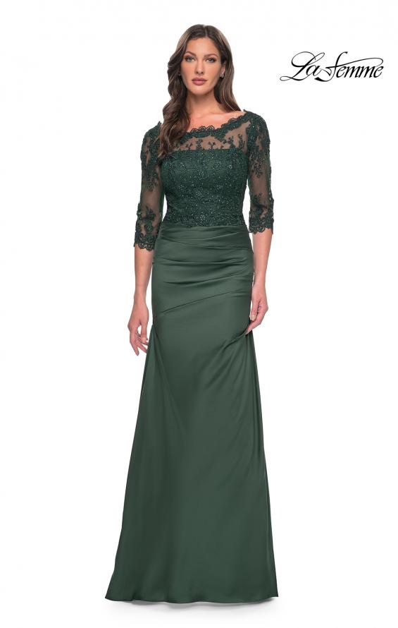 Picture of: Satin and Lace Off the Shoulder Mermaid Gown in Dark Emerald, Style: 30162, Detail Picture 1