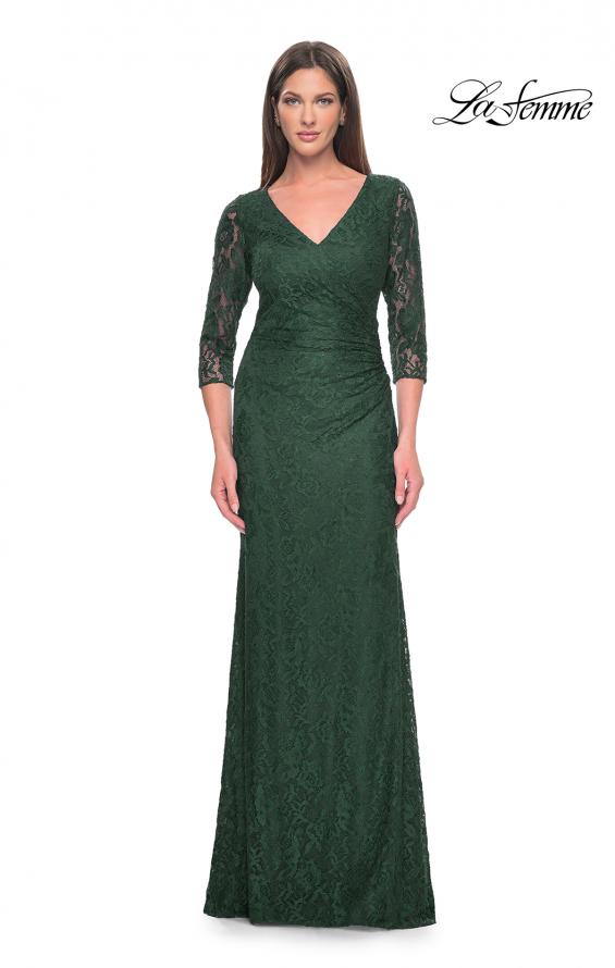 Picture of: Stretch Lace Evening Dress with Ruching in Dark Emerald, Style: 30379, Detail Picture 1