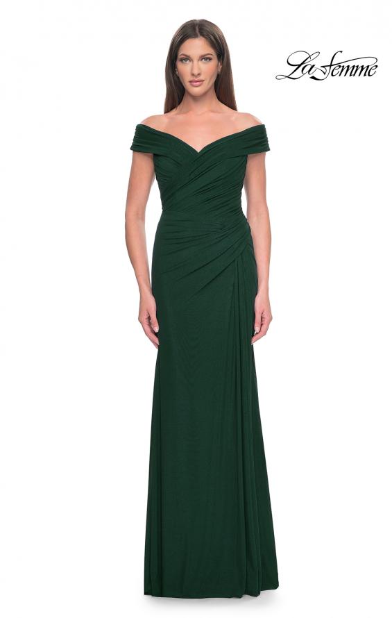 Picture of: Off the Shoulder Jersey Evening Gown with Ruching in Dark Emerald, Style: 31677, Detail Picture 1