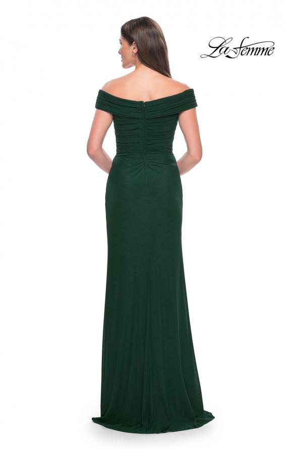 Picture of: Off the Shoulder Jersey Evening Gown with Ruching in Dark Emerald, Style: 31677, Detail Picture 2